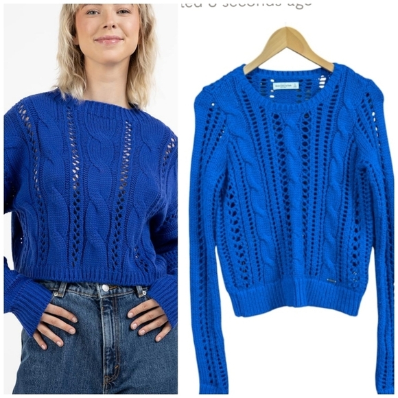 AF ABERCROMBIE &Fitch Bright Blue Chunky Knit Cable Cropped Jumper Sweater Small - Picture 1 of 7